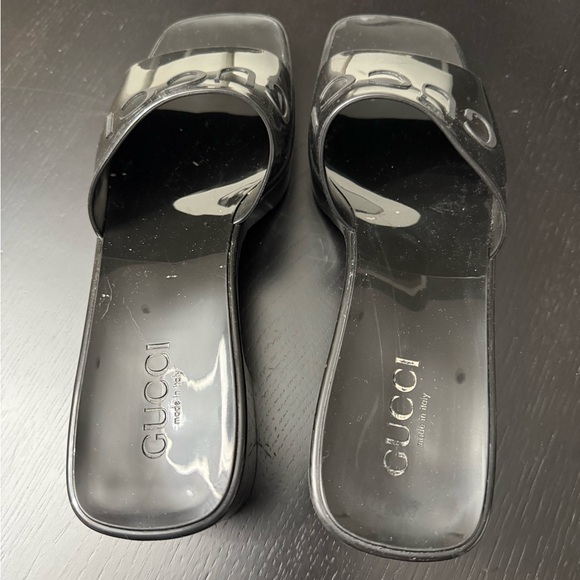 GUCCI LOGO BLACK RUBBER PLATFORM SLIDES / SANDAL / WOMENS HEELS - Picture 5 of 11